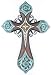 Large 19' x 13' Tooled Turquoise Leather Look Wall Cross with center Concho and Scrolly Metal Accents - Western Cowboy Ranch Texas Decor
