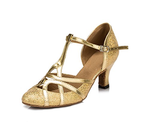 Minitoo Women's T-strap Gold Glitter Salsa Tango Ballroom Latin Dance Shoes Wedding Pumps 10 US