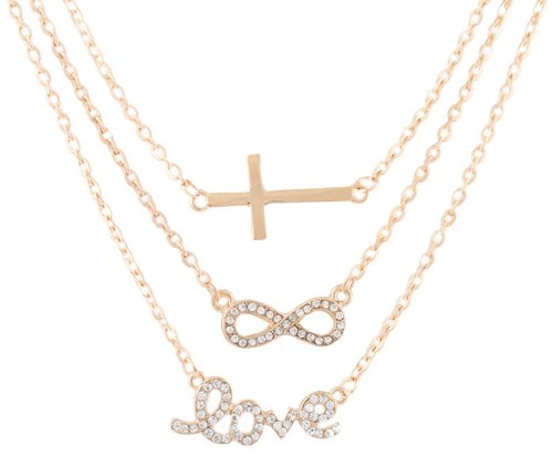 Goldtone with Clear Iced Out Cross, Infinity & Love Pendant Three Adjustable Link Chain Necklace