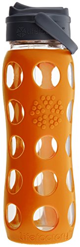 Lifefactory 22-Ounce BPA-Free Glass Water Bottle with Straw Cap & Silicone Sleeve, Orange