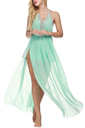 Zeagoo Womens Summer Beachwear Chiffon Halter Long Maix Beach Vacation Dress, Light Blue, One Size