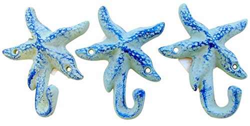 Starfish Wall Hangers Cast Iron Antique Blue - Set of 3 for Coats, Aprons, Hats, Towels, Pot Holders, More