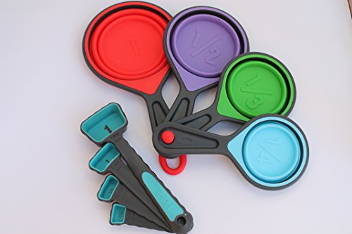 8 PIECE VALUE PACK - SILICONE MEASURING CUPS AND SPOONS - Portable, Collapsible, and made of durable-long lasting food grade Silicone.