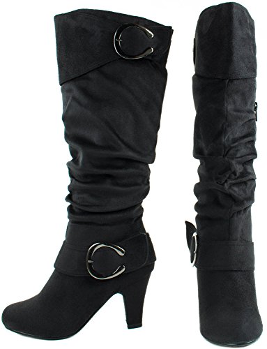 Top Moda Women's Plug-2K Knee High Mid Heel Boots with Buckle Straps