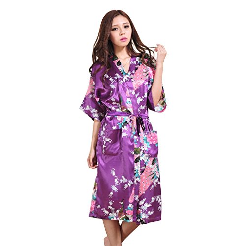 Harvest Womens Long Fashion Kimono Robe with Peacock and Blossoms