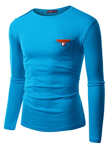 Doublju Mens Long Sleeve Crew Neck T-Shirt with Shoulder Button Point Leather Pocket