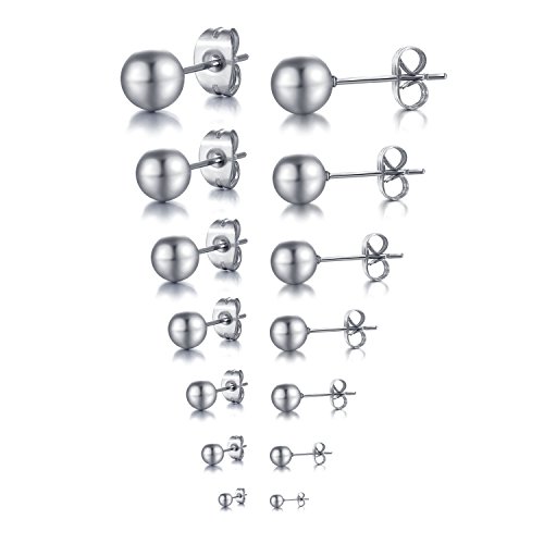 Areke Mens Stainless Steel Round Ball Stud Earrings Womens Unisex Jewelry Collection 2-8mm(7 Pairs) Color Silver