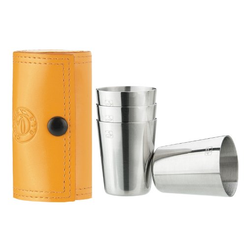 Savage Shot Glasses with Orange Leather Case 1.2oz Each Set of 4 18/8 Stainless Steel