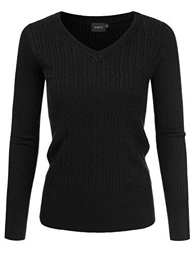 NINEXIS Womens Long Sleeve V-Neck Cable Knit Solid/Stripe Sweater S-XL (28 Colors)