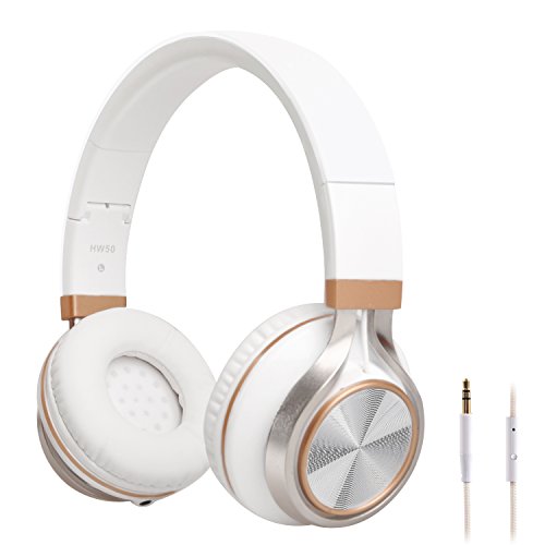 BienSound HW50 Stereo Folding Headsets Strong Low Bass Headphones with Microphone for iPhone, All Android Smartphones, PC, Laptop, Mp3/mp4, Tablet Macbook Earphones (white/gold)
