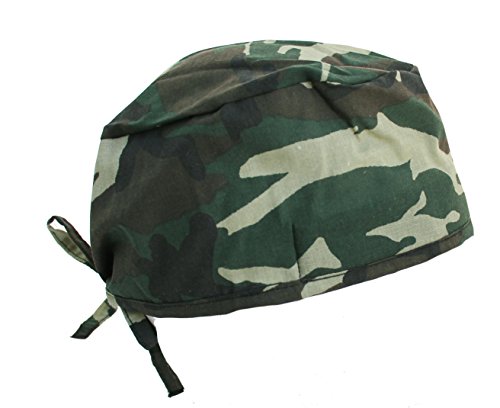 Military Green Woodland Camo Surgical Scrub Cap Bandana with Tie
