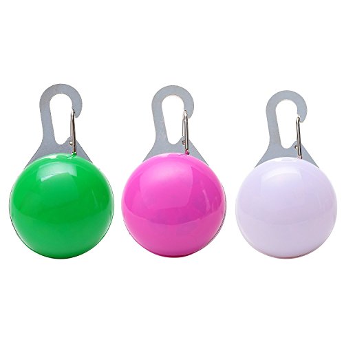 Clip on Dog Collar LED Lights By SySrion - Safety Dog Collar 3 Pack Bundle (White + Green + Rose Red Safety Light) - Stainless Steel Carabiner Clasp - Water Resistant and Batteries Included