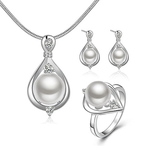 Pmany Vintage Waterdrop Shaped 925 Sterling Silver Plated Pearl Pendant Necklace Ring Earring Jewelry Set Gift