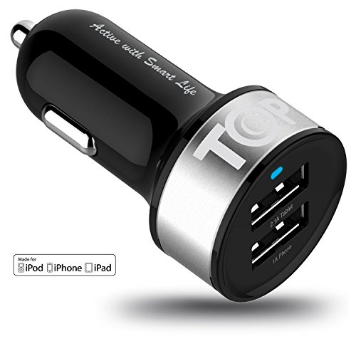 TopG [Lifetime Warranty] Dual USB Ports 3.1A Portable USB Car Charger for iPhone 5 5S 5C 4 4S,iPad 4 3 2,iPad mini,iPad air Battery Power Supply for All Apple Device (Lightning Cable/Adapter Not Included)- (Black+Silver)