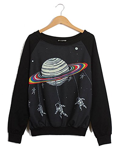 Cute Girls Women Spaceman Pattern Long Sleeve Shirt Sweatshirt Hoodies Pullover Black