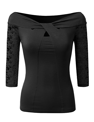 Vivalace Womens Beautiful Lace Sleeve Twist Front Off Shoulder Slim Fit T shirts