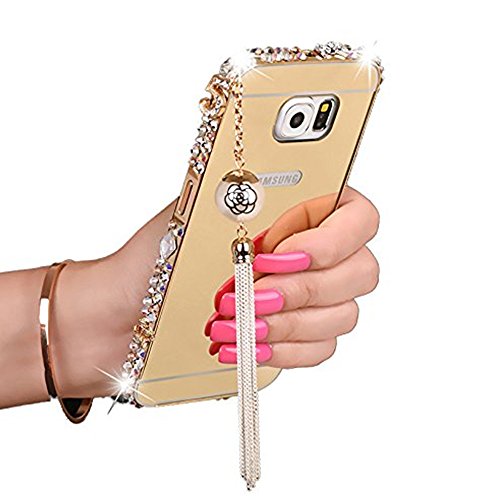 Gravydeals S6 Edge Plus Gold Case，3D Luxury Rhinestone Diamond Aluminum Metal Bumper Frame 2 IN 1 Mirror Effect PC Back Cover with Lovely Pearl Tassels for Samsung Galaxy S6 Edge Plus