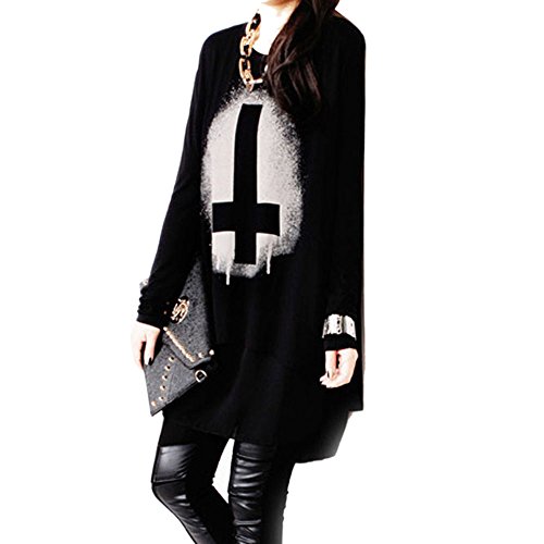 Egelbel Women Punk Style Cross Printed Long Loose T Shirt