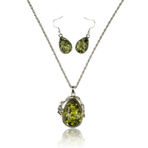 VTG Tibet Silver Plated Green Artificial Amber Necklace Hook Earrings Teardrop Pendant Sets