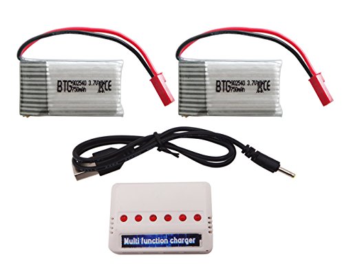 BTG 3.7V 25C 750mAh Battery & X6 USB Battery Charger(4 XH Ports & 2 JST Ports) for MJX X400 X400W X400C X200 X300C X500 X800 Drone HS110W HS200W Drone Sky Viper S670 Drone
