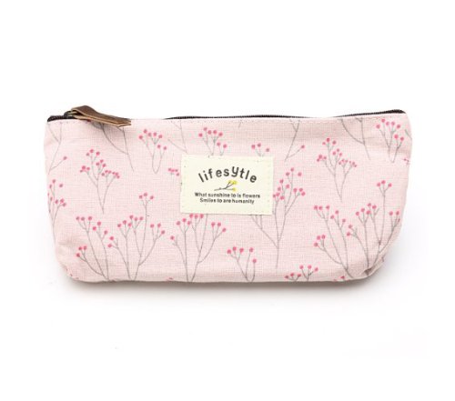 Kobwa(TM) Light Pink Pastorable Floral Canvas Pen Pencil Bag/Case/Pouch/Holder with Zipper Closure With Kobwa's Keyring