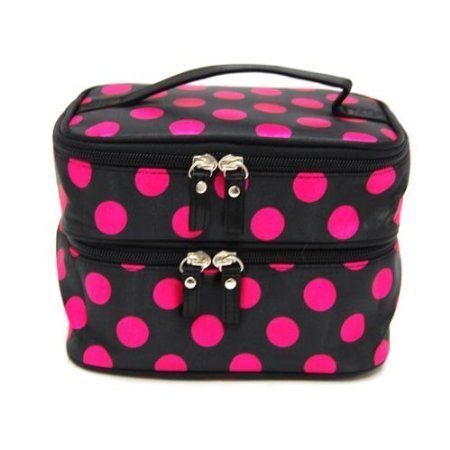 Icon Double Layer Dots Pattern Travel Toiletry Cosmetic Bag Makeup Organizer Travel Case With Mirror