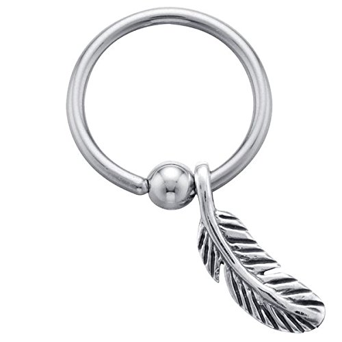 Feather 925 Sterling Silver and Stainless Steel Captive Eyebrow Nipple Tragus Cartilage Ring
