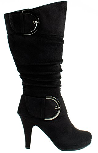 Top Moda Women's Page-30 Suede Almond Toe High Heel Boots with Buckle Straps