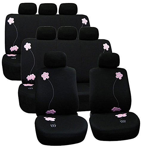 FH-FB053128 3 Row Floral Design Cloth Car Seat Covers, Airbag compatible and Split Bench, Black