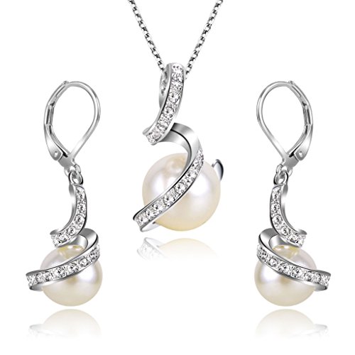 EleQueen Women's Crystal Cream Simulated Pearl Bridal Pendant Necklace Leverback Earrings Set Ivory Color Silver-tone
