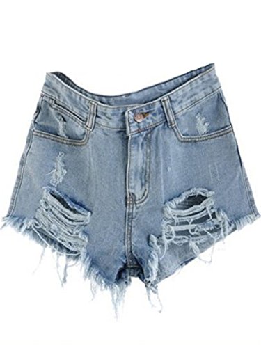 Sheinside Blue Mid Waist Ripped Denim Shorts