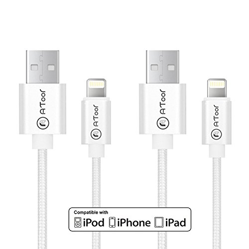 ATool® Lightning Cable, 2pcs 3Ft 10Ft, Nylon Braided USB Cord Charging Cable for iPhone SE, 6s, 6s Plus, 6, 6 Plus, 5S, 5C, 5, iPad Mini, Air, iPad 5, iPod , Copper core,IOS 9.0 (Silver)