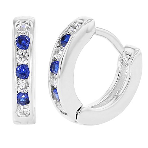 Rhodium Plated XS Tiny Blue & Clear Crystals Huggie Baby Kids Earrings 7mm