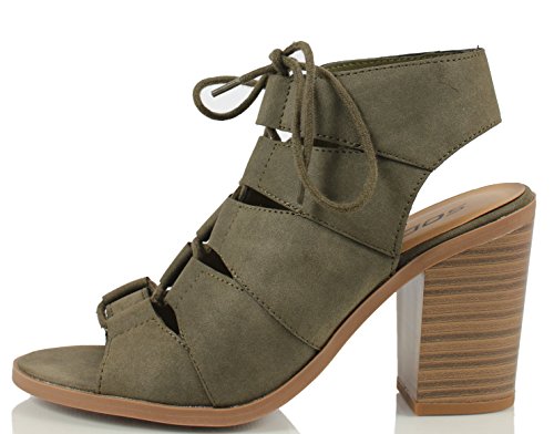 Soda Women's Quince Faux Leather Peep Toe Lace Up Gladiator Slingback Open Back Ankle Boot