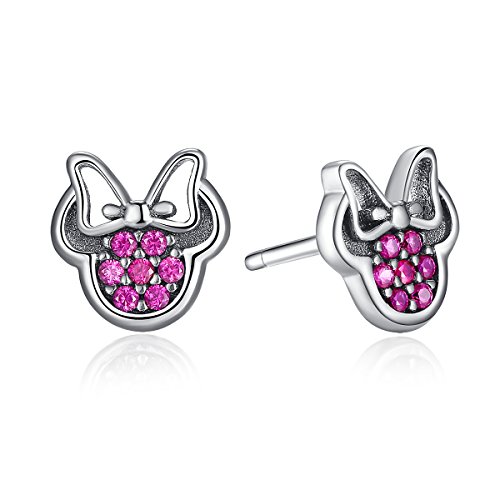 Presentski Sterling Silver Minnie Mickey Mouse Stud Earrings Fuchsia Color