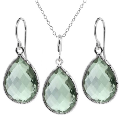 19.50 Ct Green Amethyst 16x12mm Pear Shape Silver Pendant Earrings Set 18