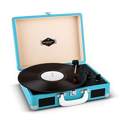 Auna Peggy Sue, tocadiscos vinilo retro LP, USB azul (altavoces estéreo integrados, salida RCA, digitalizador LPs, diseño maleta vintage)