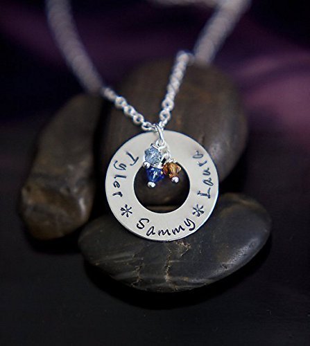 Personalized Name Necklace - DII - Grandma Gift - Mother's Day Gift - Handstamped Handmade Jewelry - 1 inch 25.4MM Silver Washer Disc - Choose Birthstone Colors - Custom Names - Fast 1 Day Shipping