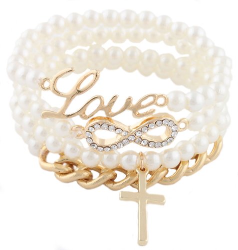 2 Pieces of Ivory White & Goldtone Iced Out Infinity Sign Charm with Script Love Cross & Chain Bundle Stretch Bracelet
