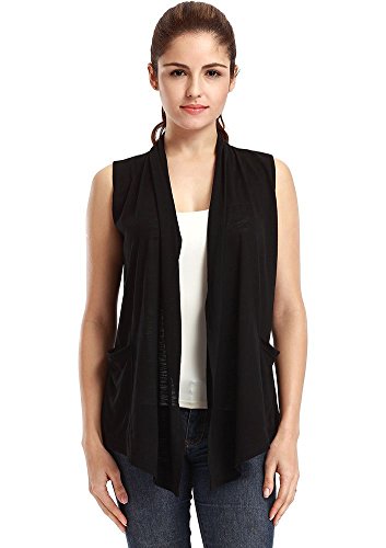 VESSOS Women's Pockets Solid Color Sleeveless Asymetric Hem Open Front Vest Cardigan