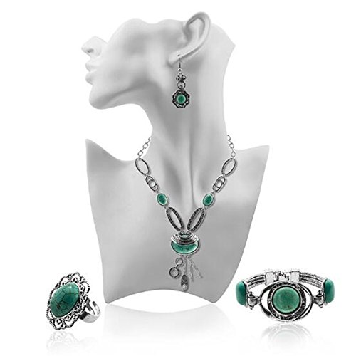 Bingirl Flower Turquoise Jewelry Sets Vintage Look Tibetan Silver Alloy Delicate Necklace Bracelet Earring And Ring Sets