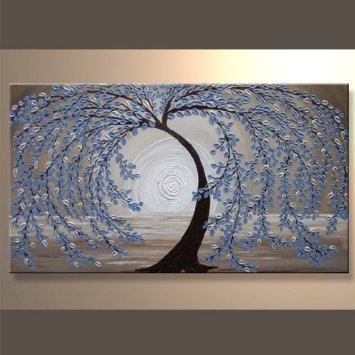 

Wieco Art - Blue leaves 100% Hand-painted Modern Canvas Wall Art Floral Oil Paintings on Canvas for Home Decoration, Stretched and Framed, Ready to Hang