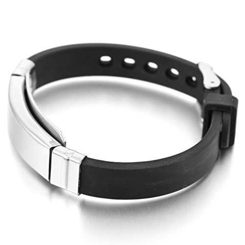 

MeMeDIY Silver Black Stainless Steel Rubber Bracelet Bangle - Customized Engraving