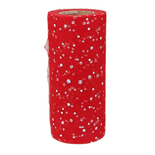 FENICAL Sequin Roll Spool Tulle Roll Gift Wrap for Wedding Christmas Party Decoration 6 Inch 25 Yard (Red)