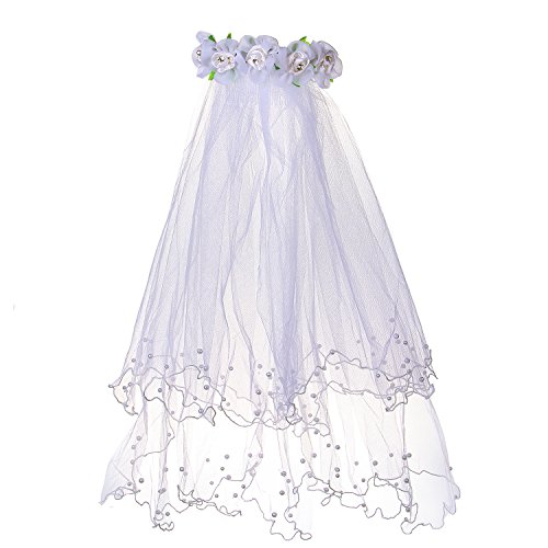 Valdler 2-Tier Beaded Veil with Attached Floral Headband for Girls