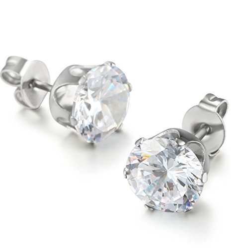 FIBO STEEL Stainless Steel Mens Womens Stud Earrings Clear Round Cubic Zirconia Inlaid, 3mm-8mm Available