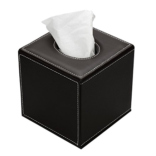 HOMETEK PU Leather Square Roll Tissue Box Holder Cover Napkin Paper Box Case Tray Pumping for Home Office Car Automotive (Brown)