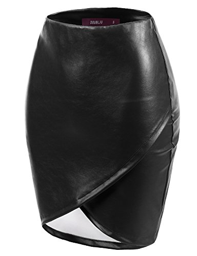 Doublju Women Slim Fit Fuax Leather Wrab Mini Skirt