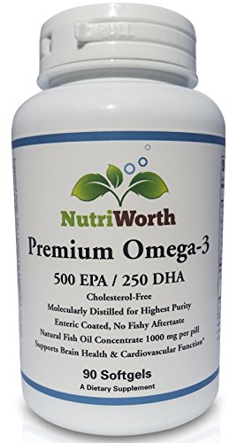 NutriWorth Premium Omega 3 Natural Fish Oil Concentrate!! (1000mg of Molecularly Distilled Natural Fish Oil 500EPA/250DHA per Softgel) Burpless Softgels with Enteric Coating. 90 Softgels.