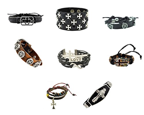 Horizontal Christian Cross Charm Leather Bracelet